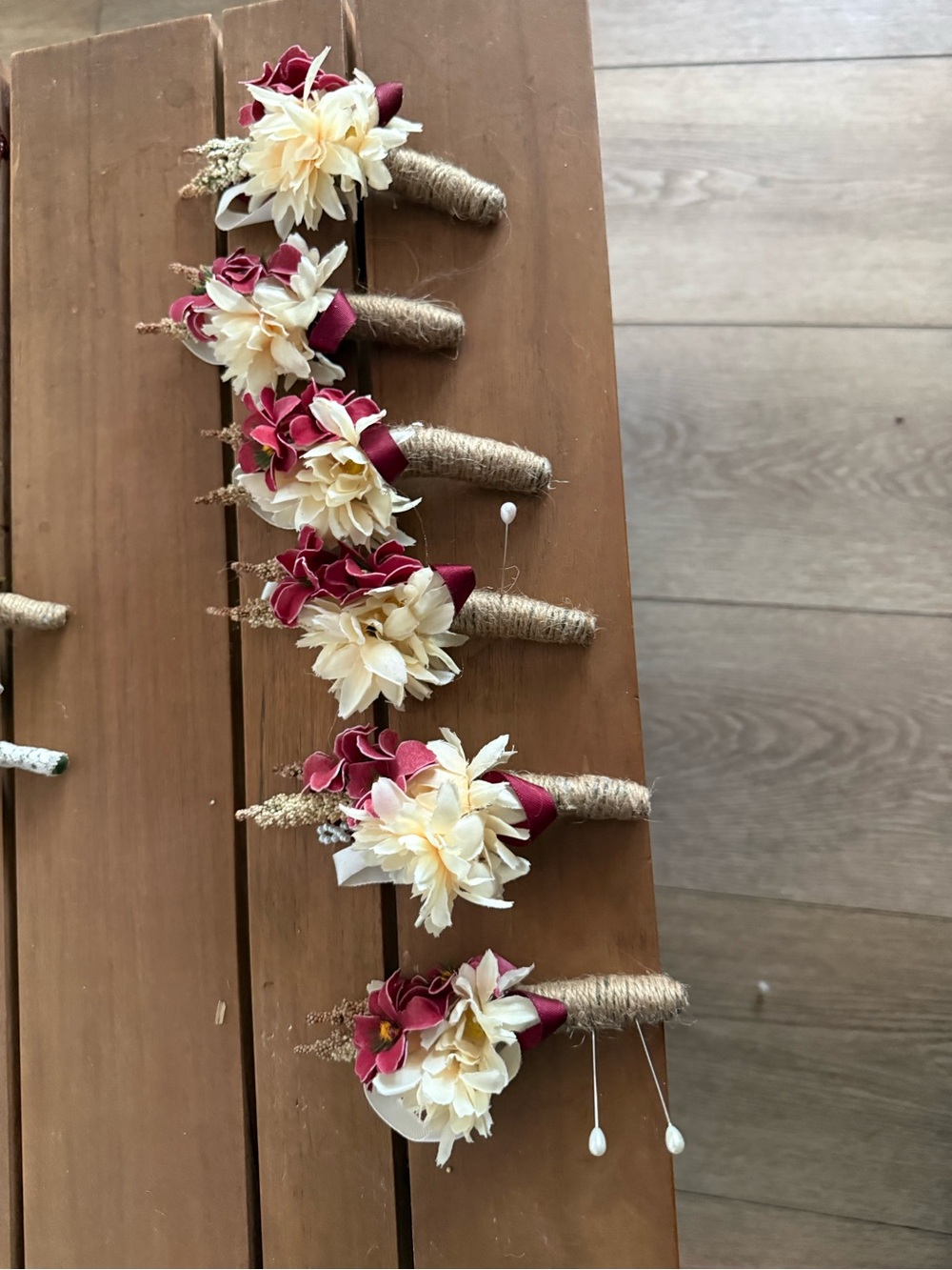 Cream and Burgundy Floral Boutonnières - Set of 6
